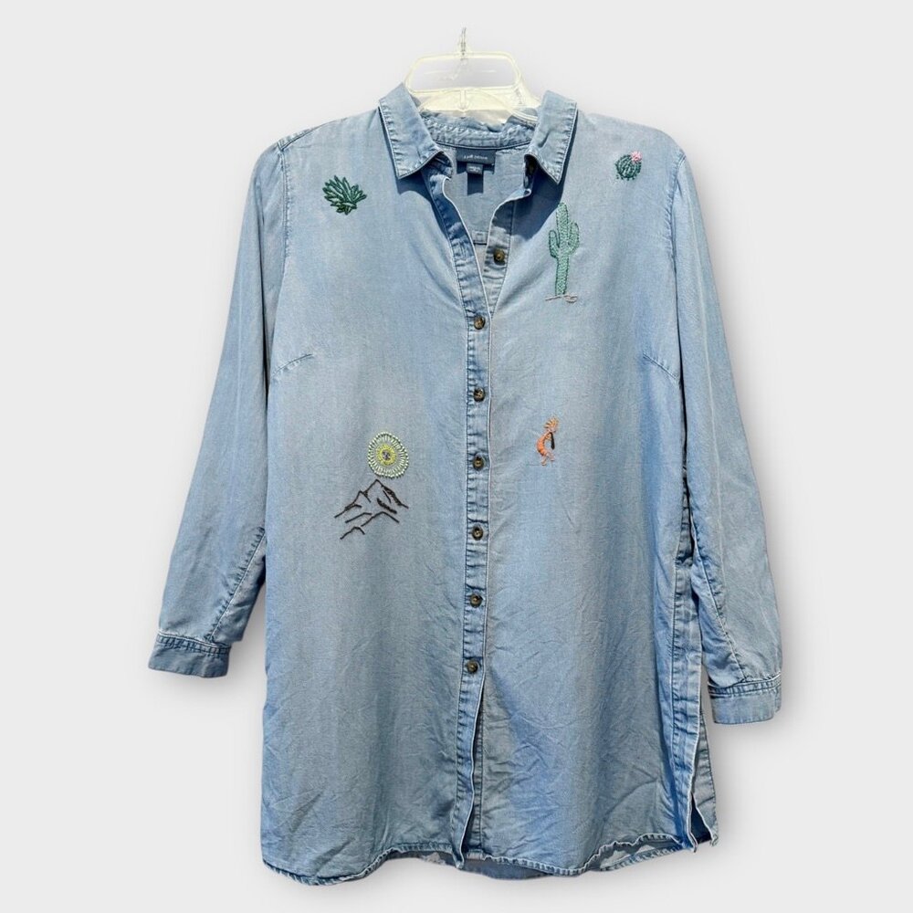 J. Jill Denim Tencel Embroidered Southwestern Desert Cactus Tunic Sz PM